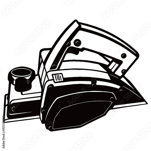 Black and white line art illustration of an electric wood planer tool. Detailed hand-drawn woodworking equipment isolated on light background.