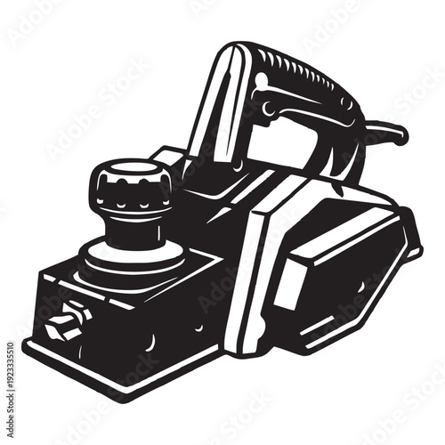 Black and white line art illustration of an electric wood planer tool. Detailed hand-drawn woodworking equipment isolated on light background.