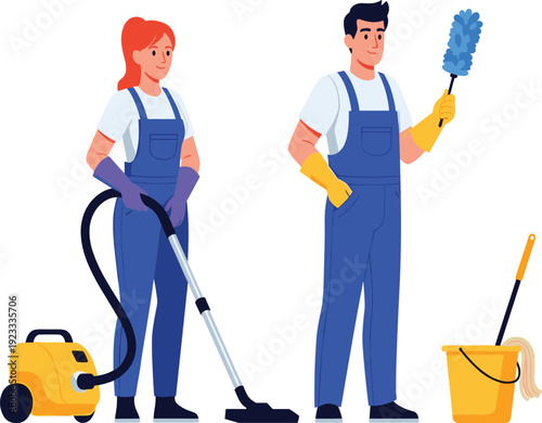 Professional Male and Female Cleaners in Blue Overalls with Vacuum Cleaner, Mop, and Duster for Commercial Janitorial and Home Cleaning Service Business Advertisements