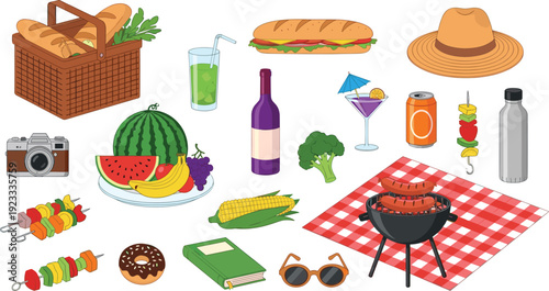 Flat Vector Illustration Set of Summer Picnic and BBQ Elements Including Grill, Picnic Basket, Fruit Platter, Sandwiches, Drinks, and Outdoor Essentials for Lifestyle Designs