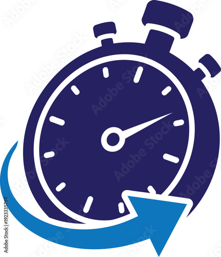 A navy blue stopwatch icon with a circular arrow