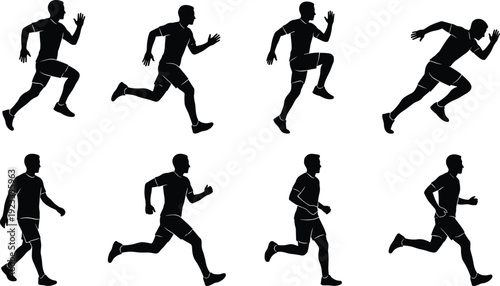 Running man silhouettes set, black vector illustration of athlete sprinting in various poses isolated on white background