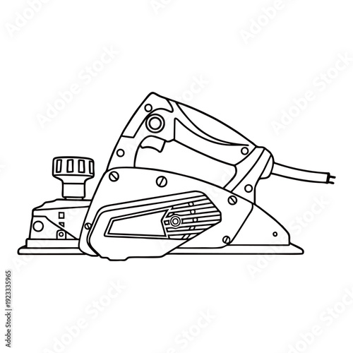 Black and white line art illustration of an electric wood planer tool. Detailed hand-drawn woodworking equipment isolated on light background.