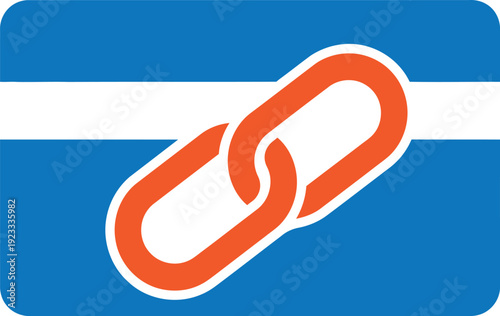 A blue rectangle with a white stripe and an orange chain link