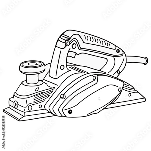 Black and white line art illustration of an electric wood planer tool. Detailed hand-drawn woodworking equipment isolated on light background.