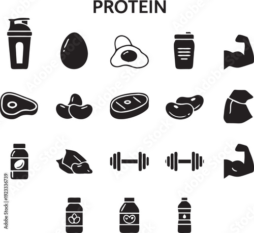 Protein and fitness icons with shakes eggs steak beans and muscle flex for healthy lifestyle