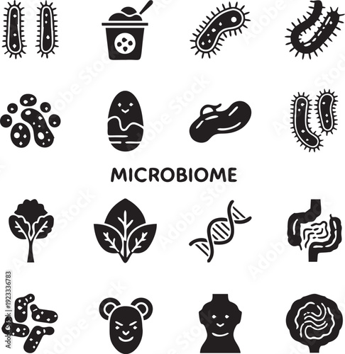Microbiome icons showing bacteria dna plants and gut health for science and medical