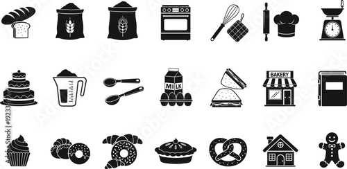Bakery icons set vector illustration, fresh bread cake and pastry silhouettes, baking equipment tools and delicious dessert symbols, kitchen storefront graphics