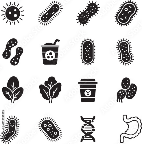 Set of probiotic icons, bacteria, microorganism, healthy gut, digestive system, gut flora vector illustration