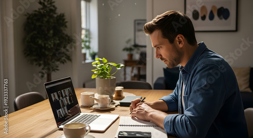 Side view of a man writing in a notebook while participating in an online group meeting via laptop in a dining room with warm lighting