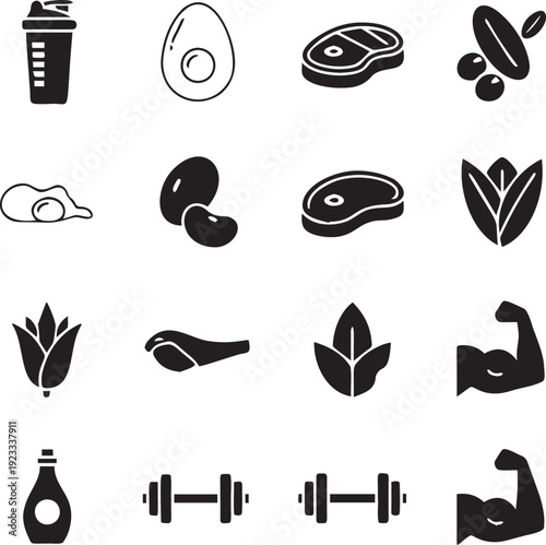 Protein and muscle building icons including steak eggs beans and dumbbells for fitness