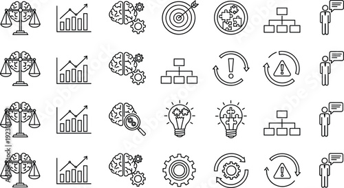 Business strategy icon set vector illustration, analytical data charts brain logic and human resource symbols, corporate management planning elements, outline