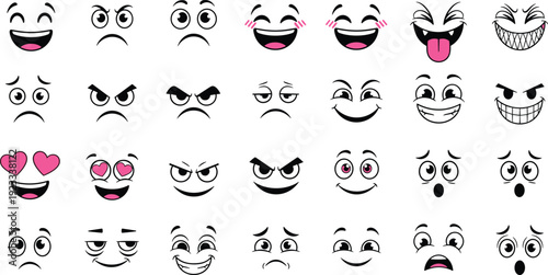 Cartoon facial expression vector set, cute emoji faces, happy sad angry emotions, funny character eyes and mouths, comic mood icons, collection.