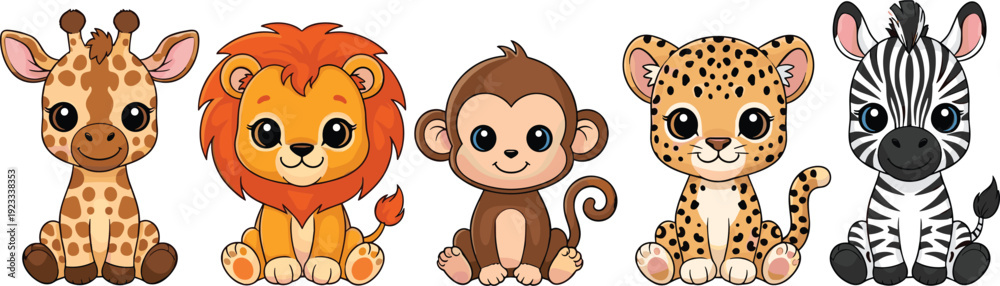 Fototapeta premium Cute Baby Safari Animals Set with Giraffe, Lion, Monkey, Leopard, and Zebra for Kids Nursery Illustration and Cartoon Wildlife Designs