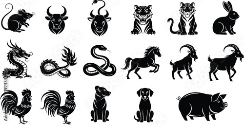 Chinese zodiac animal silhouette icons set, lunar new year oriental horoscope symbols, black vector wildlife creatures, traditional asian astrological calendar elements