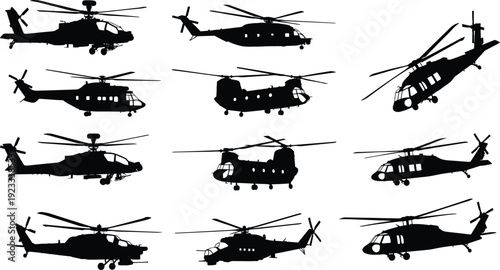 Military and transport helicopter silhouettes collection, aircraft aviation vector set isolated on white background detailed black illustration