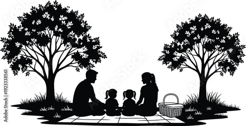 Black and white family picnic silhouette illustration, parents and children sitting on a blanket under trees, isolated on white background.