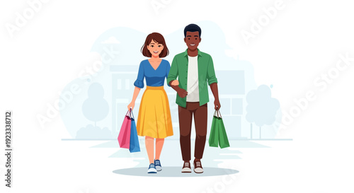 Diverse couple enjoying shopping day out with colorful bags and happy expression in a modern