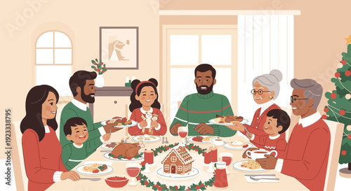 Diverse family gathered around festive table enjoying christmas dinner celebration vector
