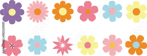 Cute Colorful Flat Flower Icons Set with Retro Style Blossoms for Spring Decoration, Kids Design, Patterns, Stickers, and Floral Backgrounds
