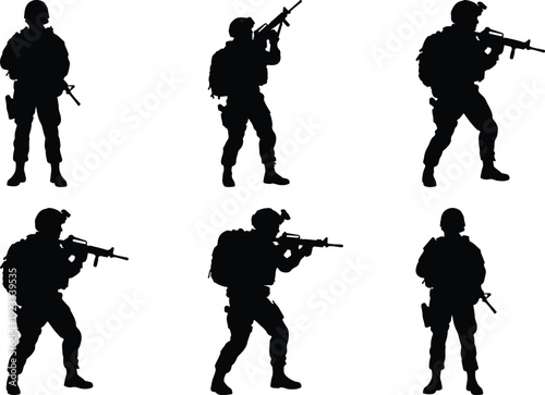 Six silhouetted soldiers in tactical gear and combat poses