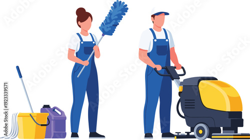 Professional Cleaning Team with Industrial Floor Scrubber and Janitorial Equipment, Commercial Sanitation Workers Performing Maintenance and Hygiene Services Illustratio