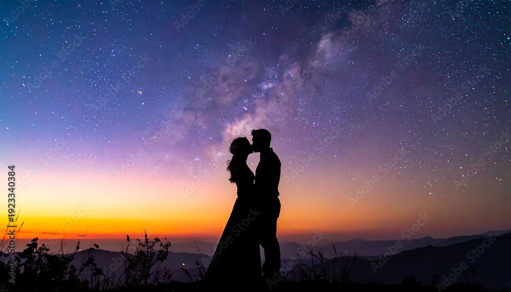 Fototapeta premium Silhouetted couple embracing under starry night sky
