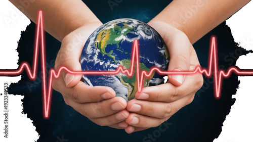 Hands cradling earth globe with pulsing red heartbeat line symbolizing global health and care