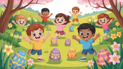 Children happily playing easter egg hunt in a vibrant spring meadow with blooming flowers and trees