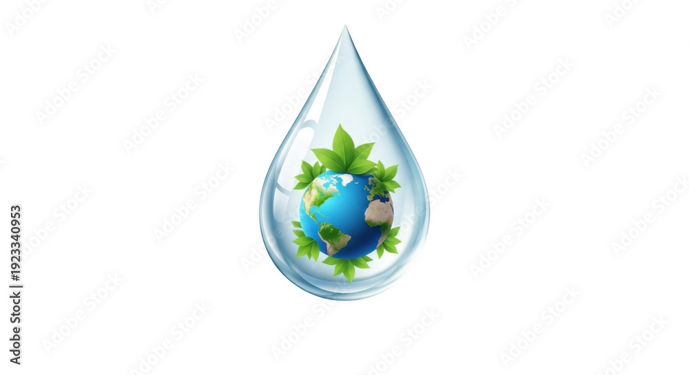 Obraz premium A blue globe with green leaves inside a transparent water droplet isolated on transparent background