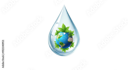 A blue globe with green leaves inside a transparent water droplet isolated on transparent background