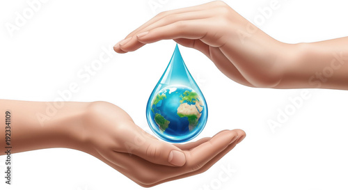 Hands holding a water drop with the earth inside isolated on transparent background