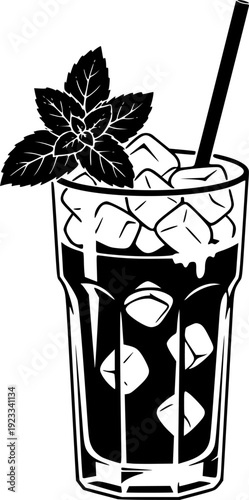 Artistic rendition of a refreshing mint julep beverage in monoch
