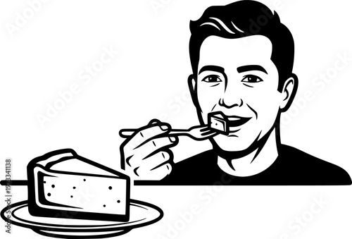 Monochrome delight, A Man enjoys a delectable cheesecake slice i
