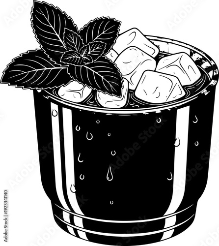 Artistic rendition of a refreshing mint julep beverage in monoch
