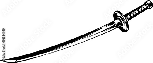 Elegant Sumi-e Style Sword Illustration in black and white for F

