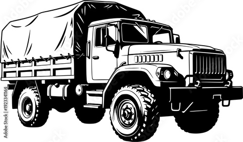 Monochrome military transport vehicle illustration with brushstr

