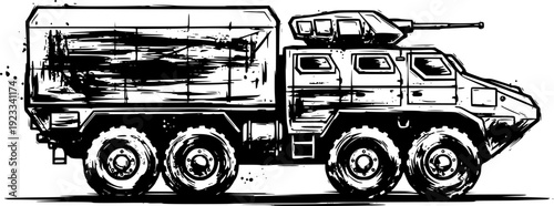Monochrome military transport vehicle illustration with brushstr
