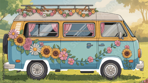 Vibrant blue and yellow van adorned with colorful flowers and sunflowers parked in a lush green field with trees in the background evoking a sense of freedom and adventure