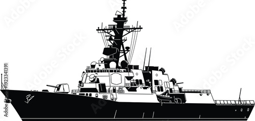 Black and white naval warship silhouette illustration, detailed destroyer vessel with radar and weapon systems, isolated on white background, military vector.