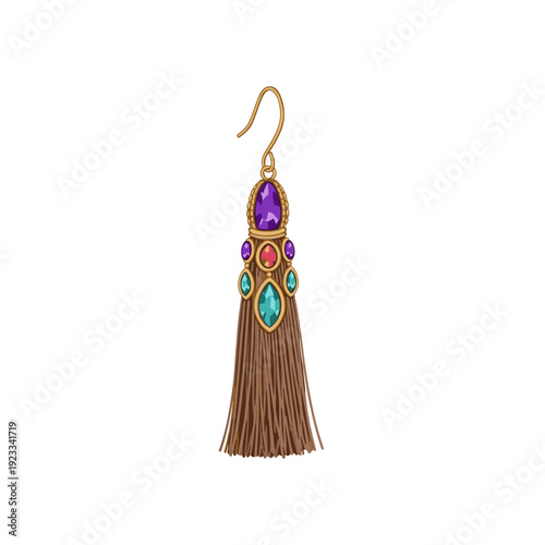 Elegant tassel earrings with colorful gemstones isolated on white background, featuring vibrant purple, teal, and brown hues in a stylish design