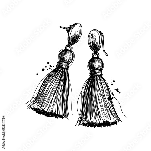 Elegant tassel earrings with intricate detailing, artistically illustrated in black and white, isolated on a clean white background