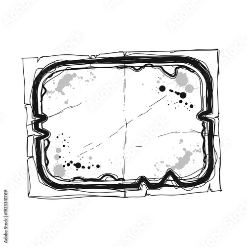 Artistic sketch of a greasy label with ink splatters, isolated on a textured white background, featuring rough edges and abstract elements