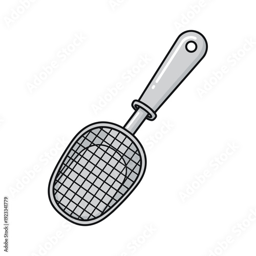 Mesh scoop with a sturdy handle, intricately detailed and isolated on a white background, showcasing its functional design