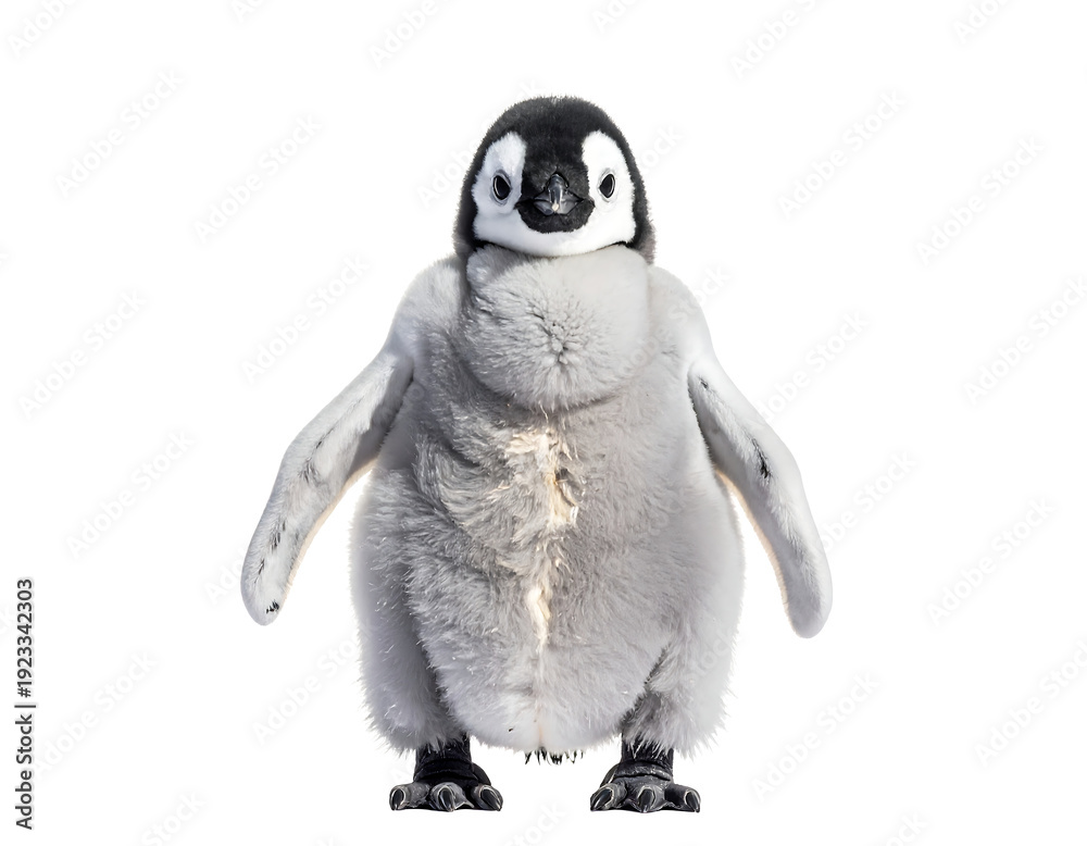Obraz premium Fluffy Penguin Chick Standing on White Background