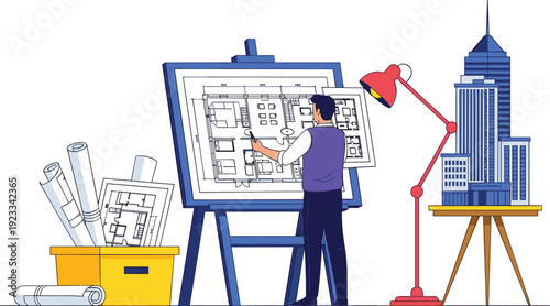 Architect Working on Blueprint Design at Drafting Table with Building Model and Urban Architecture Planning Illustration