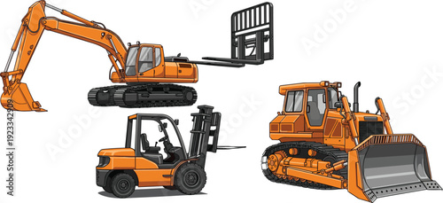 Set of orange heavy machinery vector illustrations including excavator bulldozer and forklift isolated on white background for construction site industrial work and logistics design