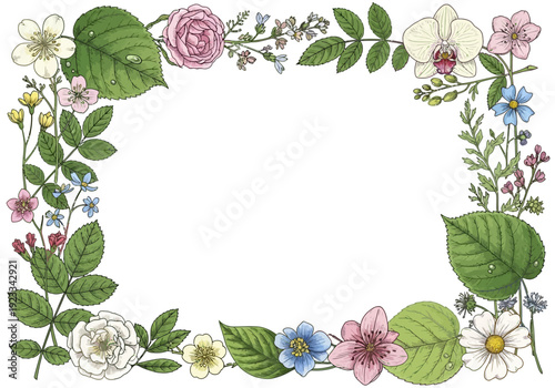 Beautiful Floral Border with Assorted Flowers and Green Leaves.