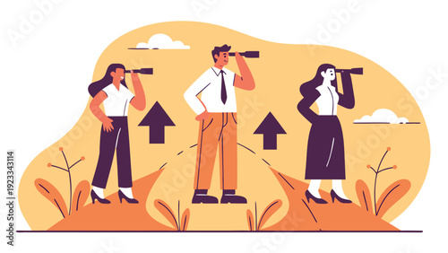 Three business people stand on hills, looking through telescopes at upward arrows.