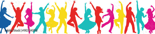 Colorful dancing people silhouette set, happy men and women jumping at party celebration isolated on white background vector